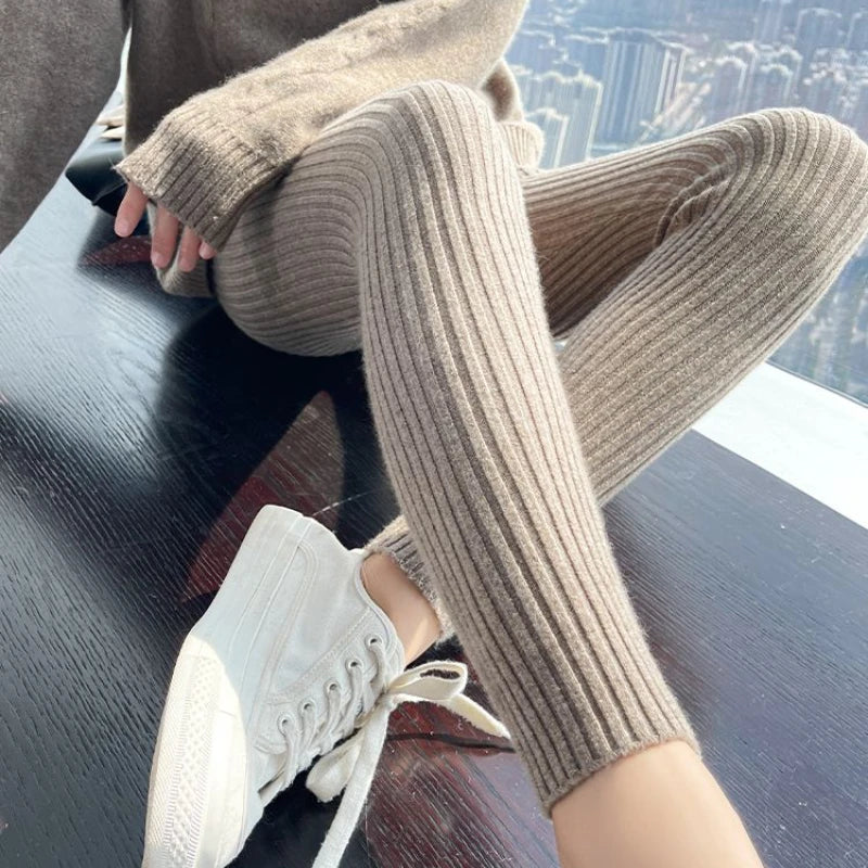 Slim Leggings Autumn Women High Waist Casual Trousers Knitted Ribbed