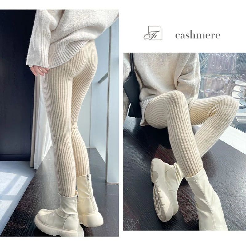 Slim Leggings Autumn Women High Waist Casual Trousers Knitted Ribbed