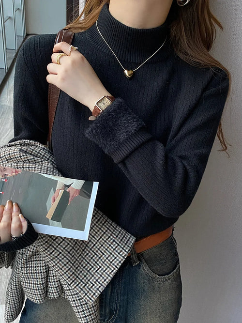 Turtleneck Sweater Winter Retro Red with Velvet Lining