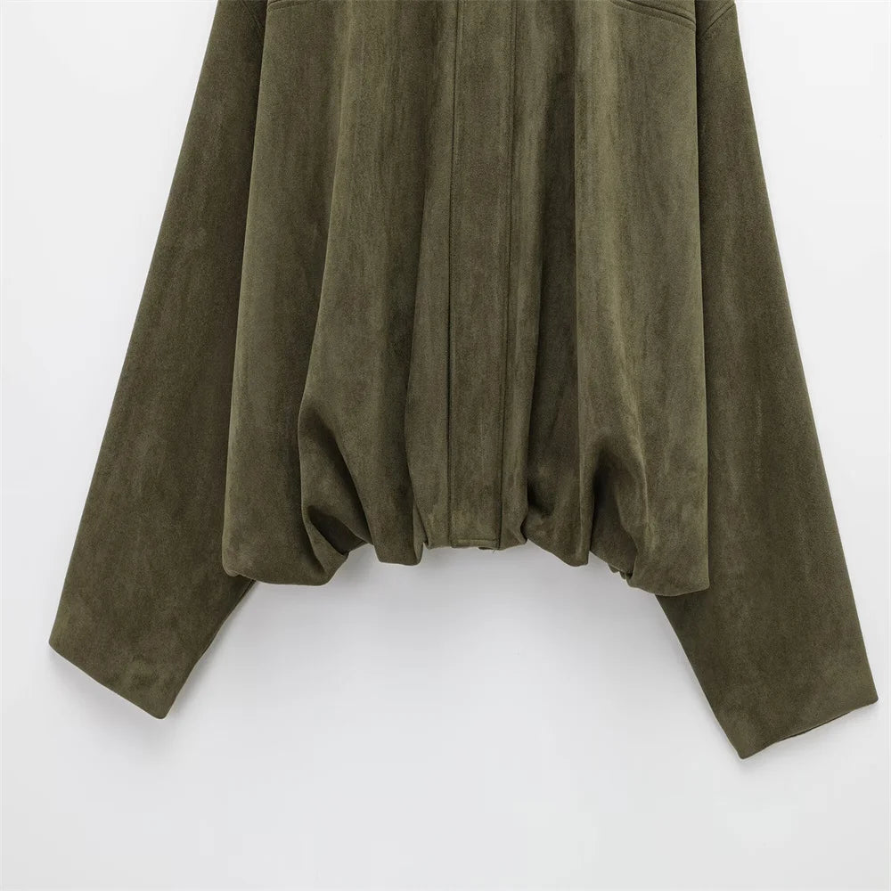 Faux Suede Collared Jacket with Shoulder Straps Loose