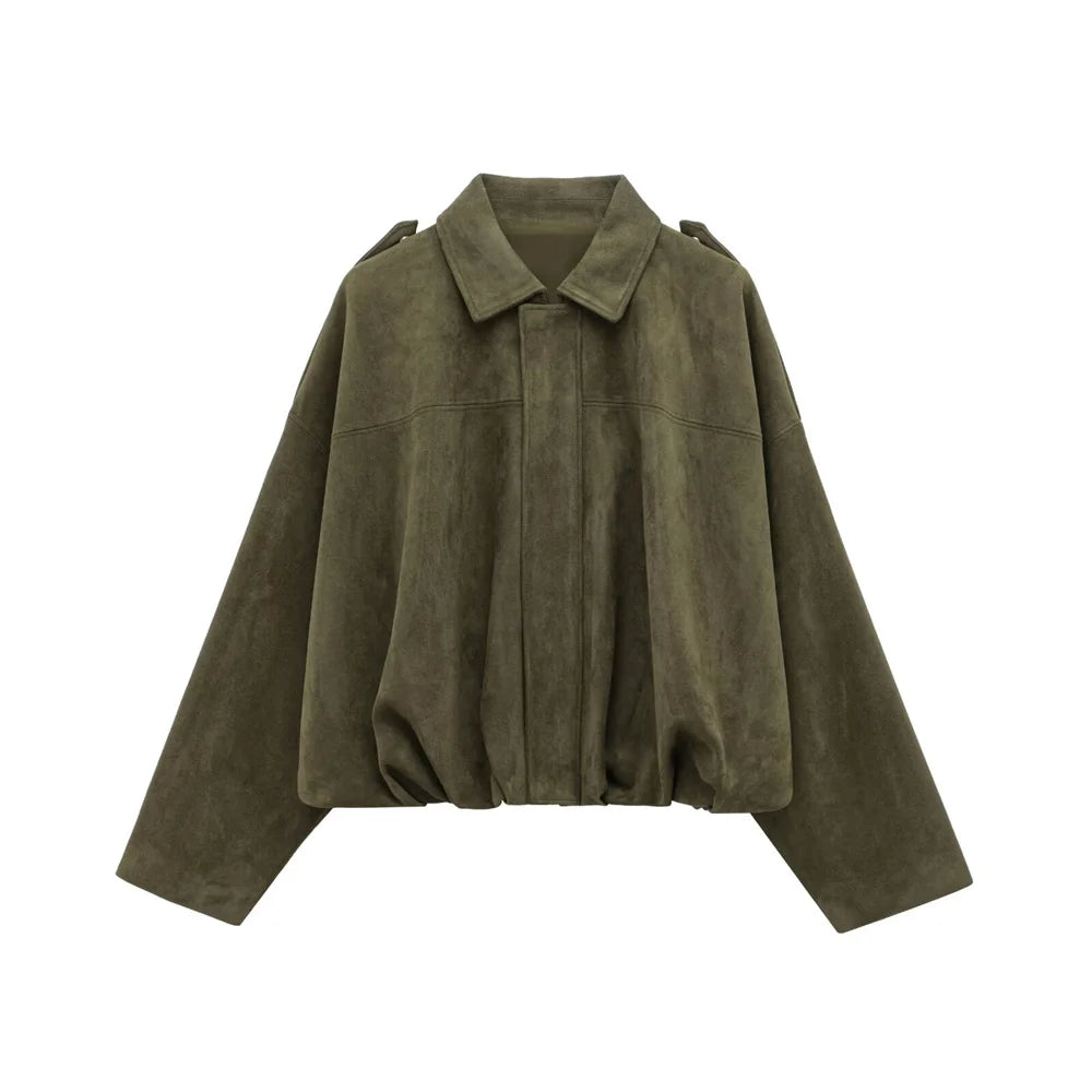 Faux Suede Collared Jacket with Shoulder Straps Loose