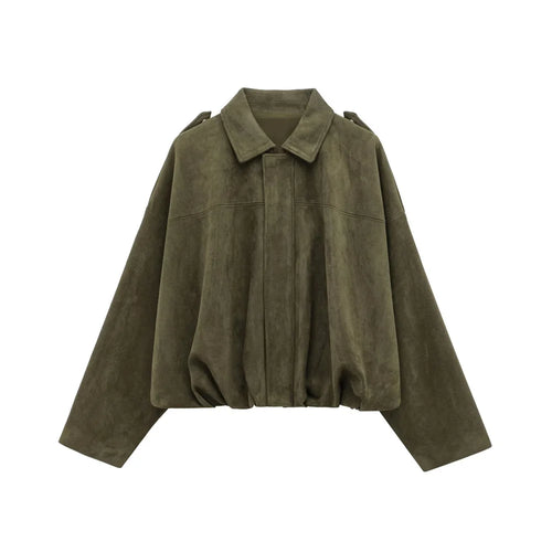 Faux Suede Collared Jacket with Shoulder Straps Loose