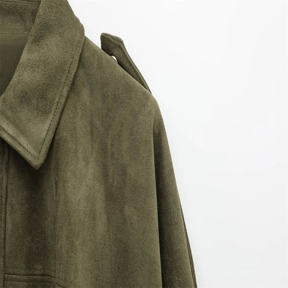 Faux Suede Collared Jacket with Shoulder Straps Loose