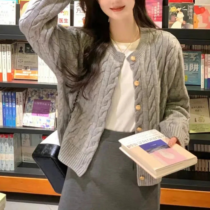 Vintage Long Sleeve Cardigan Women Sweater O-neck Elegant Knitted