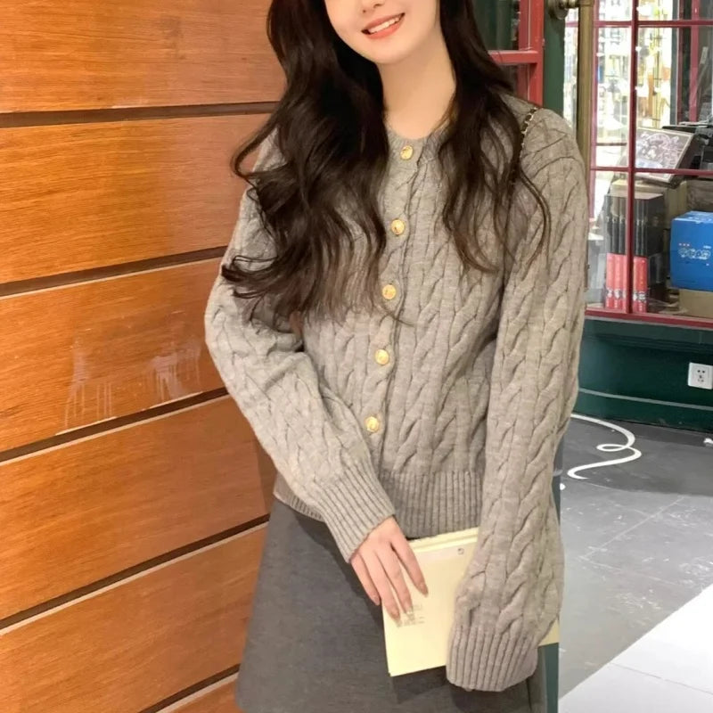 Vintage Long Sleeve Cardigan Women Sweater O-neck Elegant Knitted