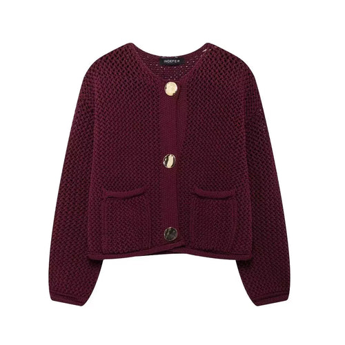 Autumn Women Knitted Cardigan Metal Buttons O Neck Long
