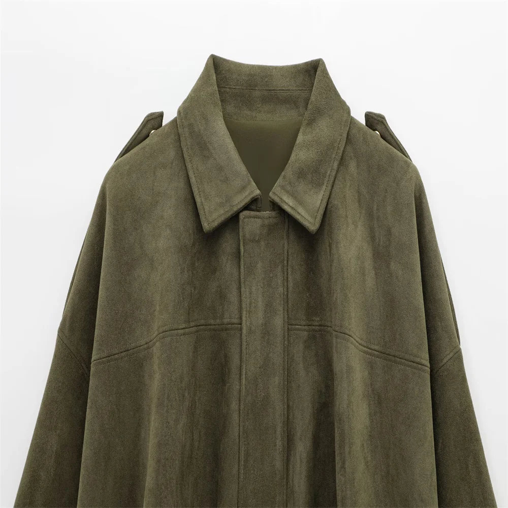 Faux Suede Collared Jacket with Shoulder Straps Loose