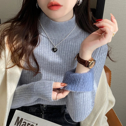 Turtleneck Sweater Winter Retro Red with Velvet Lining