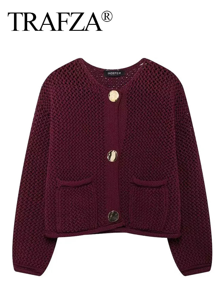 Autumn Women Knitted Cardigan Metal Buttons O Neck Long