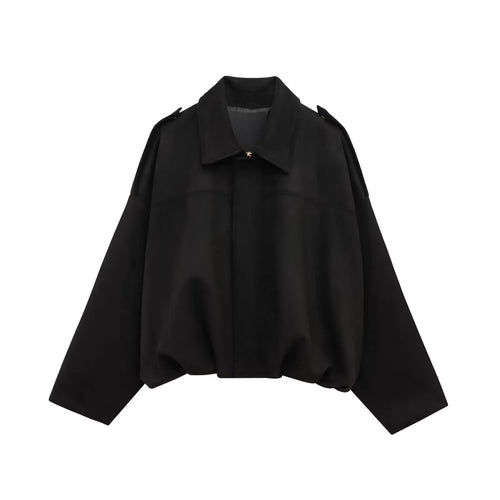 Faux Suede Collared Jacket with Shoulder Straps Loose