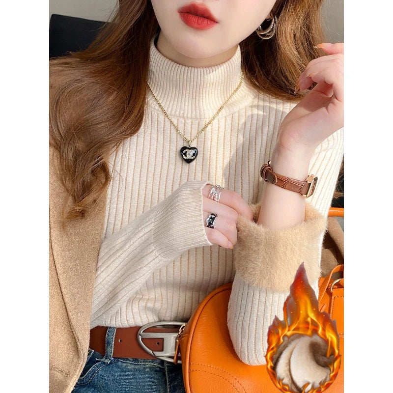 Turtleneck Sweater Winter Retro Red with Velvet Lining