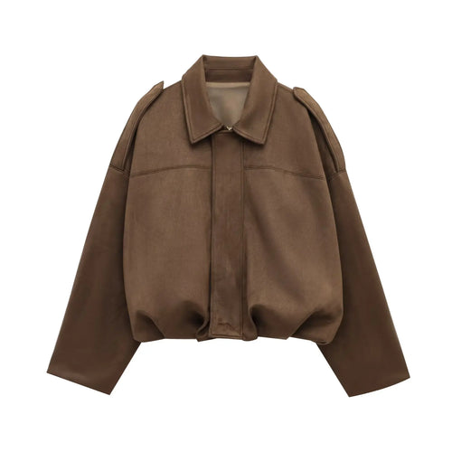 Faux Suede Collared Jacket with Shoulder Straps Loose