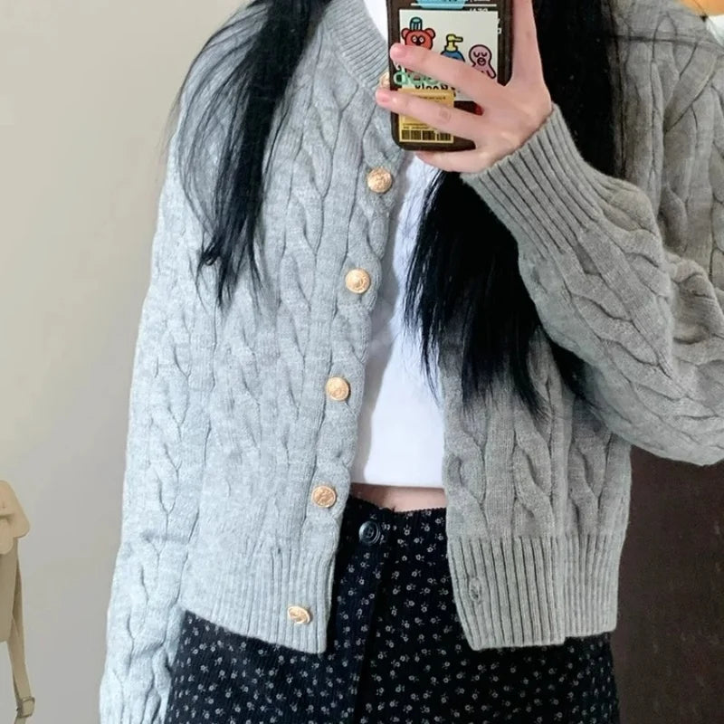 Vintage Long Sleeve Cardigan Women Sweater O-neck Elegant Knitted