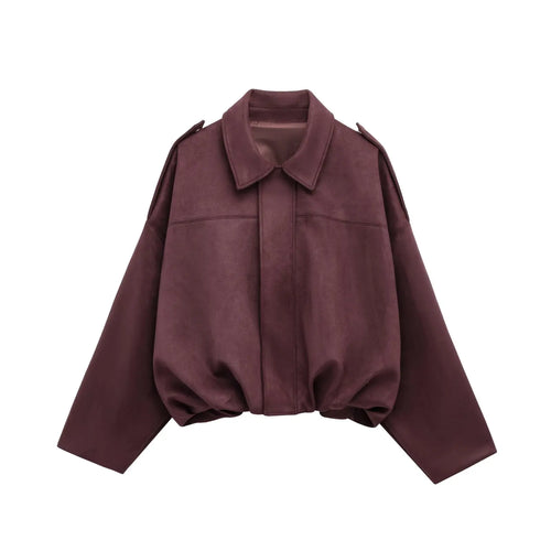 Faux Suede Collared Jacket with Shoulder Straps Loose