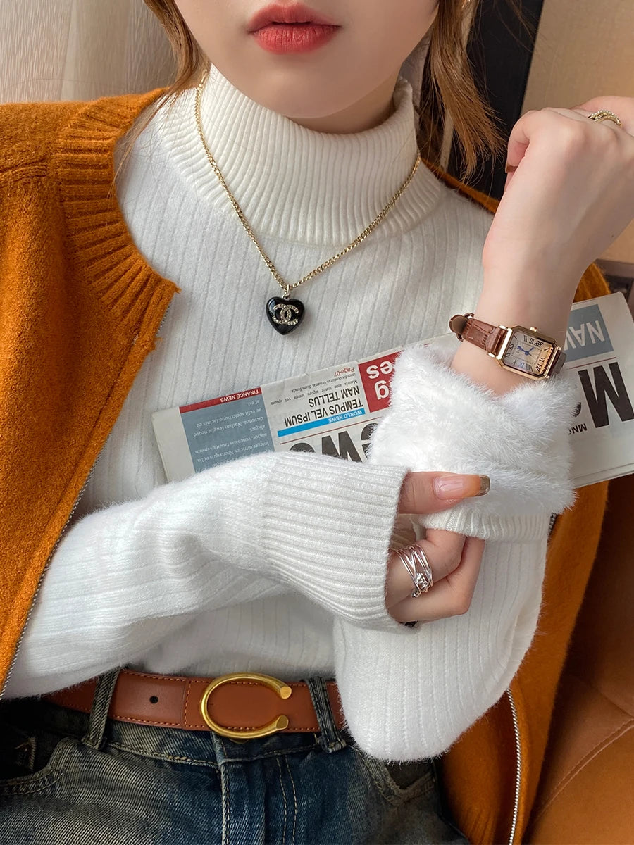 Turtleneck Sweater Winter Retro Red with Velvet Lining