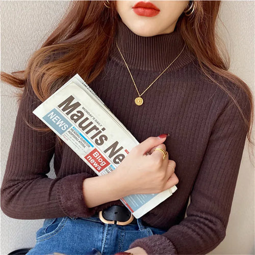 Turtleneck Sweater Winter Retro Red with Velvet Lining