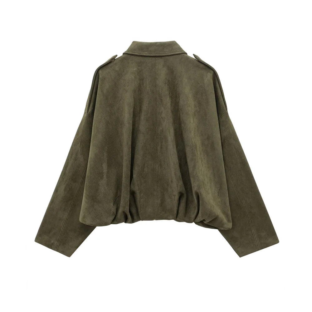 Faux Suede Collared Jacket with Shoulder Straps Loose