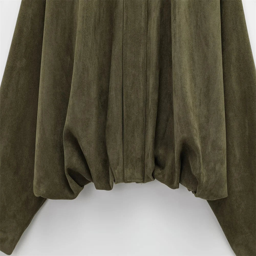 Faux Suede Collared Jacket with Shoulder Straps Loose