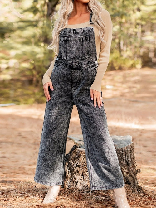 Vintage Washed Wide Leg Denim Overalls with Front Pockets