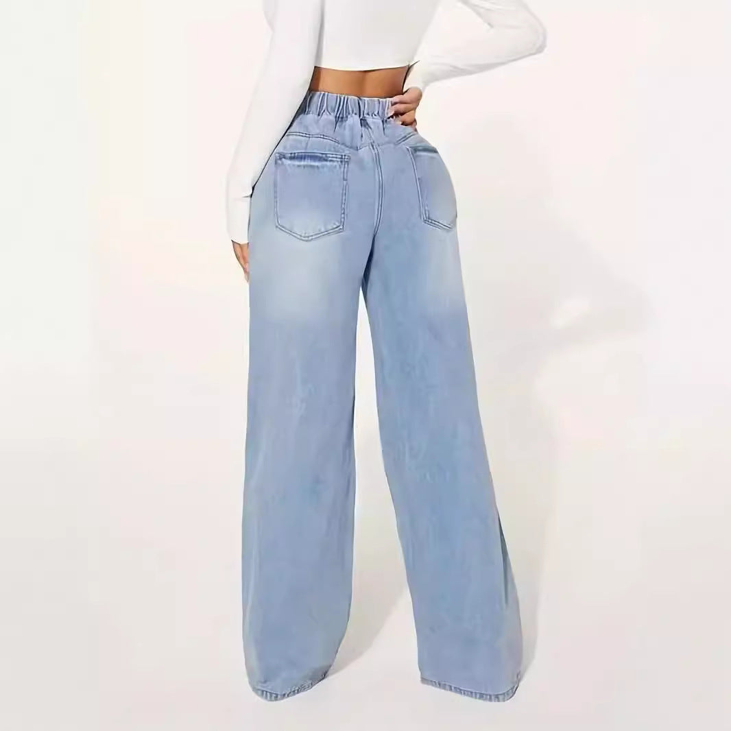 High Waist Drawstring Wide Leg Jeans – Light Blue