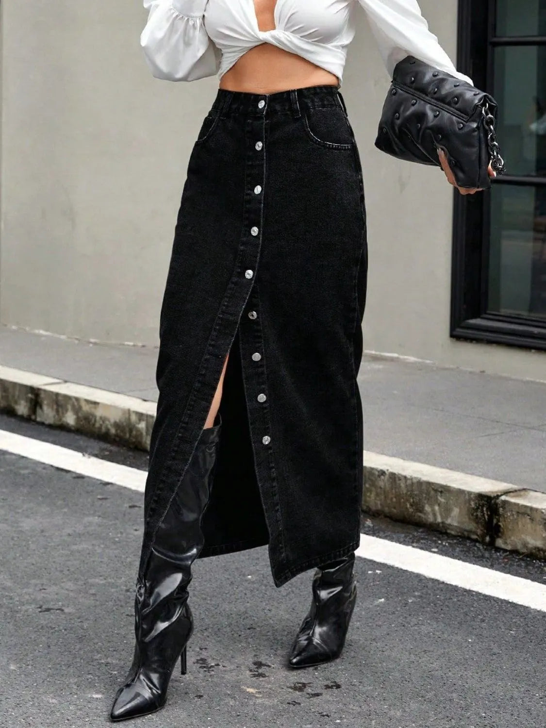 Button Front Denim Skirt