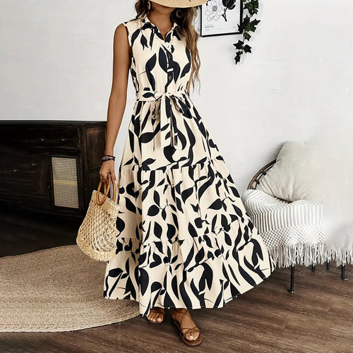 Women Summer Sleeveless Beach Vacation Style Drawstring Dress