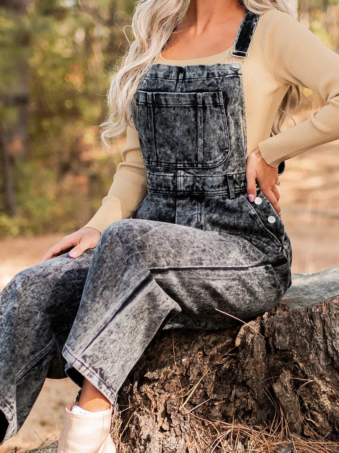 Vintage Washed Wide Leg Denim Overalls with Front Pockets