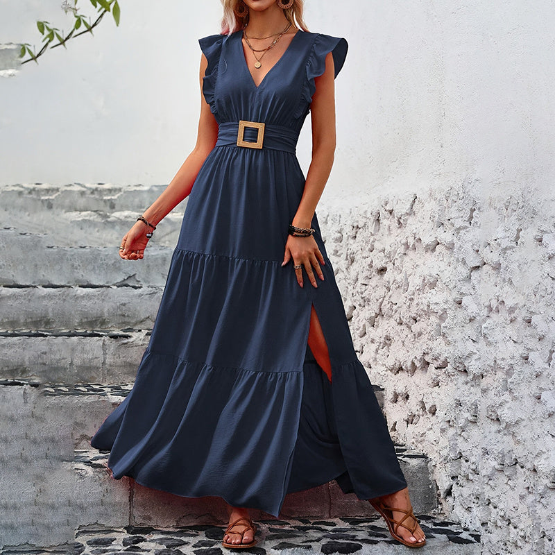 Elegant V-Neck High Slit Long Skirt