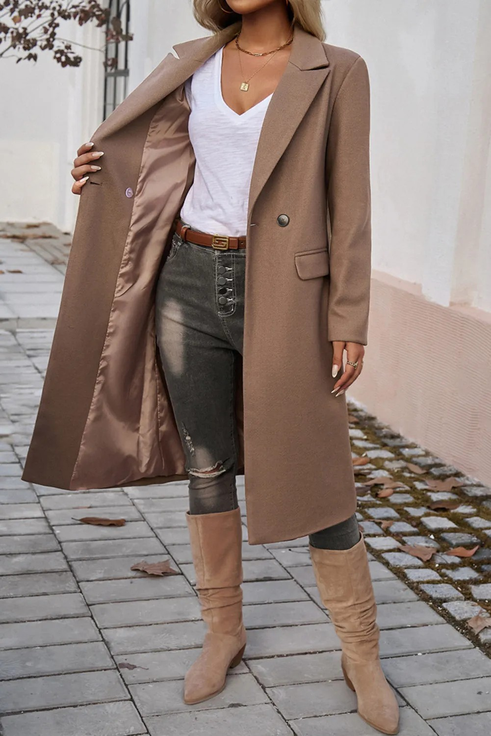 Single Breasted Lapel Collar Flap Pocketed Overcoat