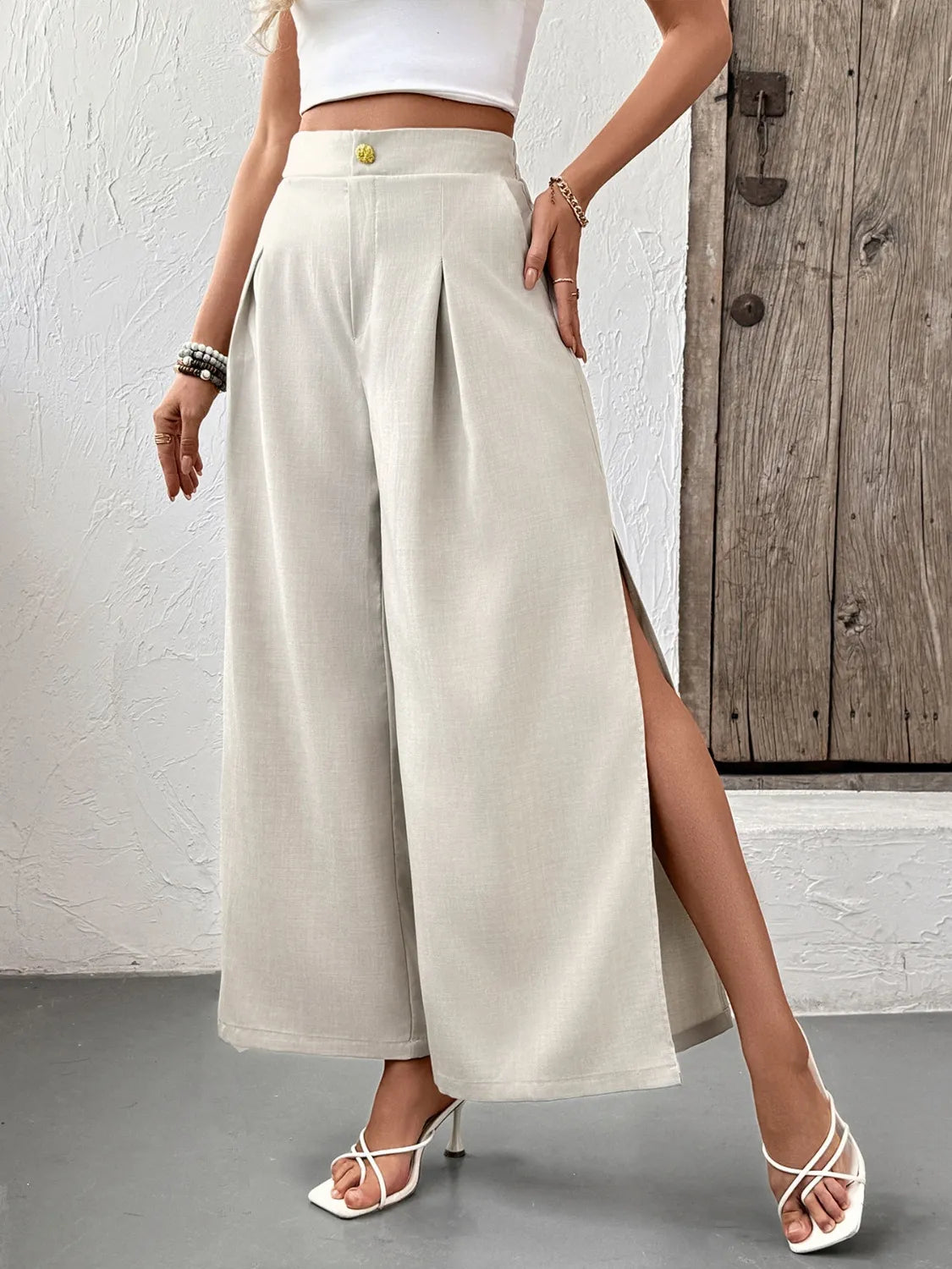 Slit Wide Leg Pleated Pants